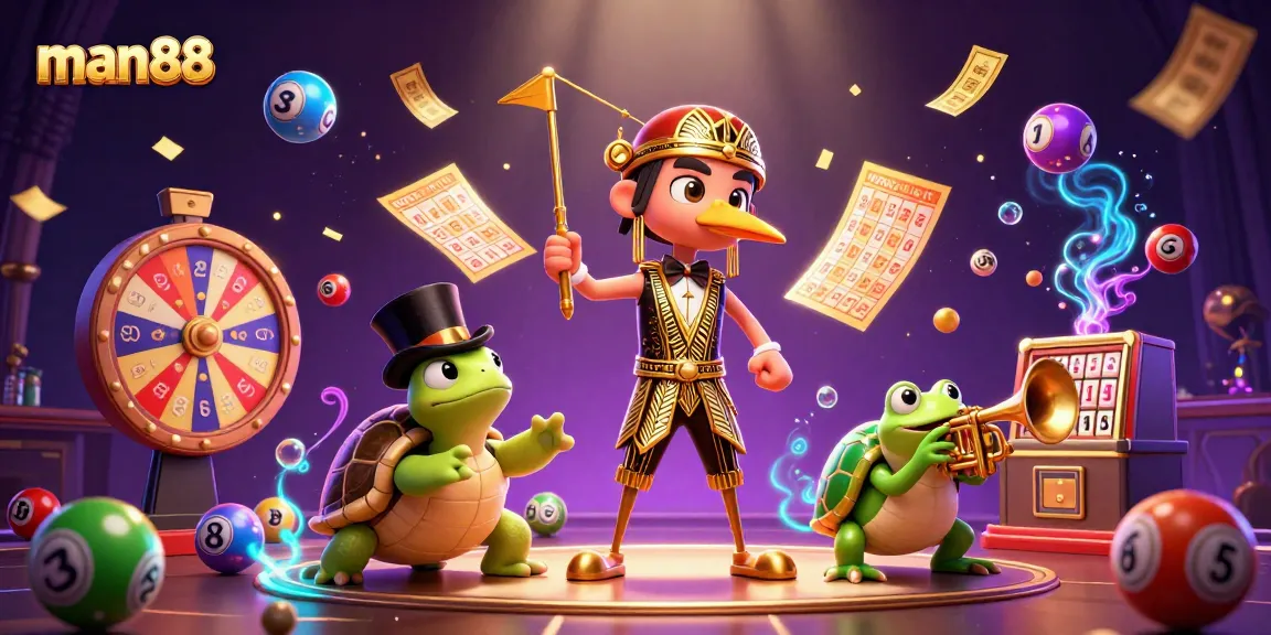 Engage in thrilling man88 casino gameplay with vibrant lottery balls and charismatic characters.