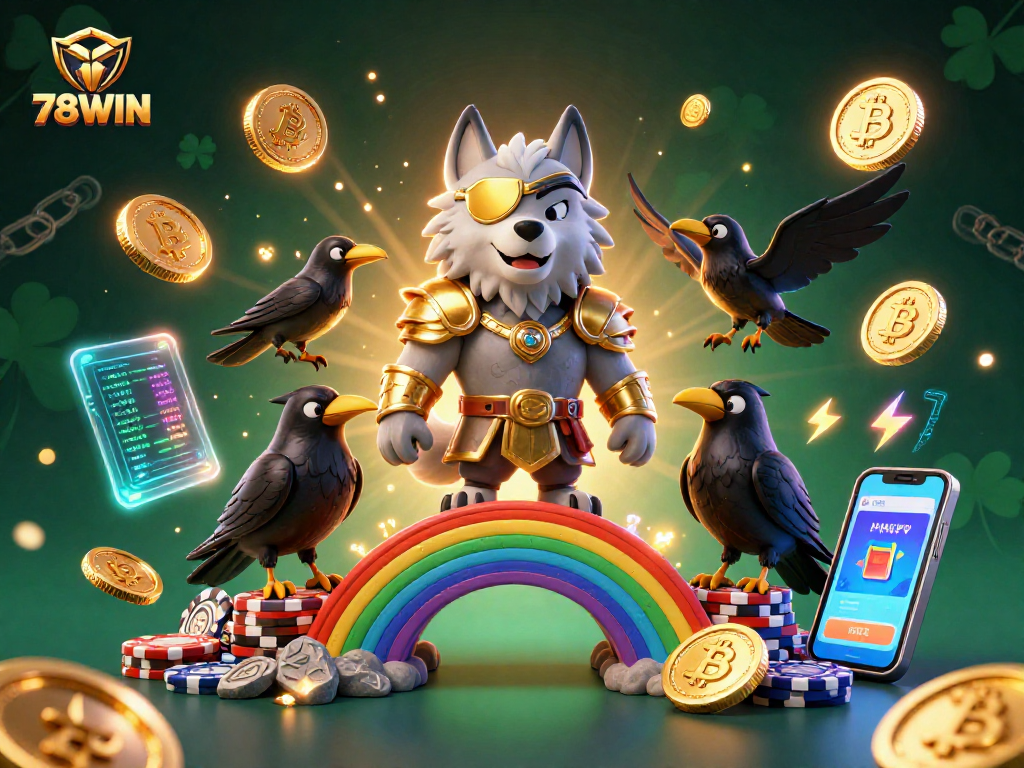 Engage in thrilling wins at 78WIN with a vibrant 3D casino scene featuring unique Norse characters and crypto elements.