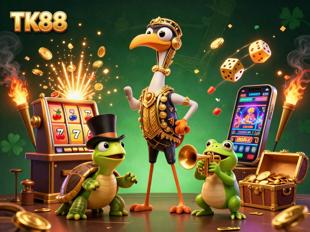 Experience the excitement of TK88 with vibrant casino symbols and characters showcasing a lively gaming scene.