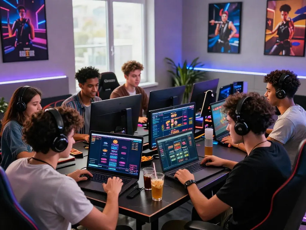 Group of friends enjoying games at a non Gamstop casino, showcasing a vibrant gaming atmosphere.