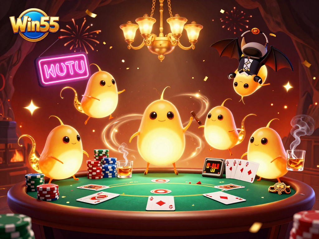 Play exciting card games and win at Win55 with colorful poker chips and illuminated casino glowworms.