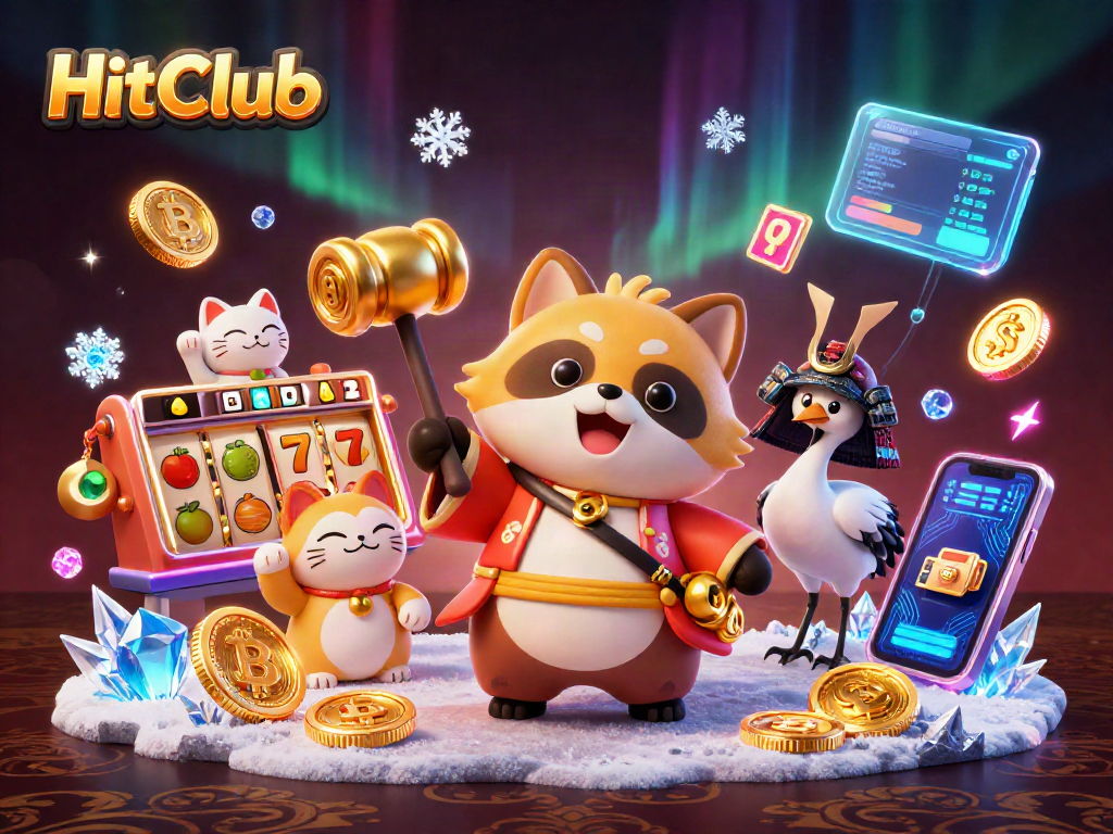 HitClub players engaging with vibrant slot machines and cryptocurrency themes in a lively casino scene