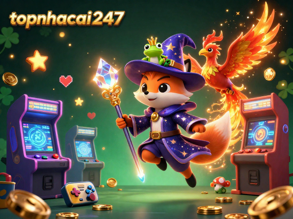 Engage in thrilling play at topnhacai247 with a mystical wizard fox and a dynamic casino scene.