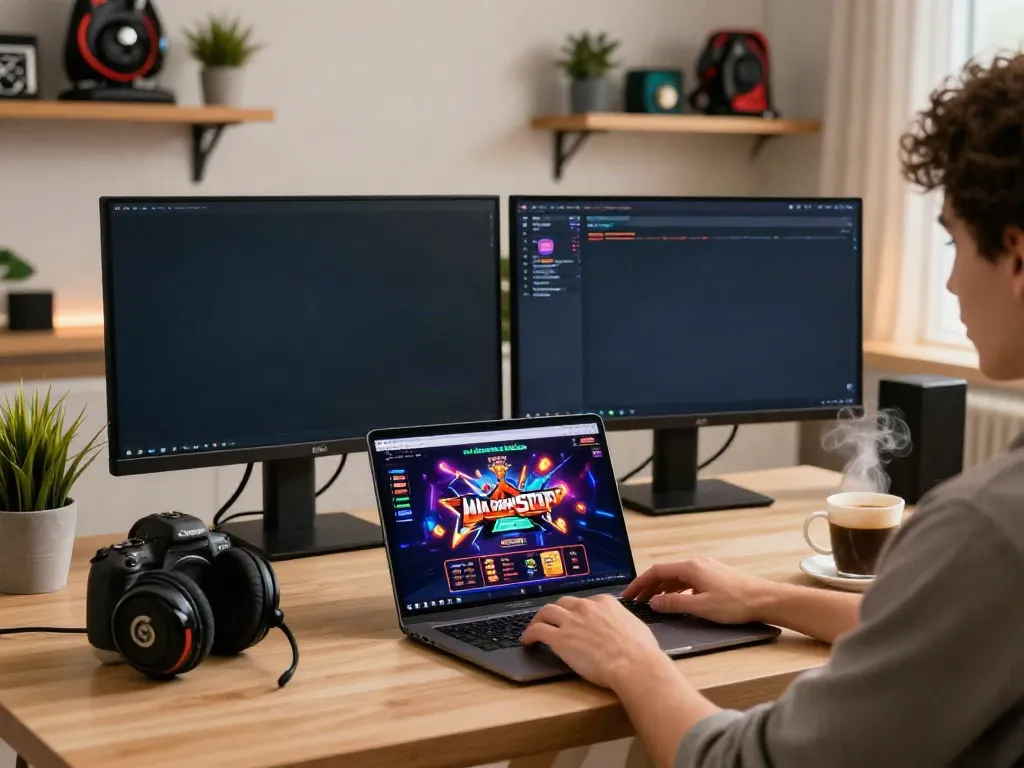 Person exploring non GamStop online casinos in a modern home office.
