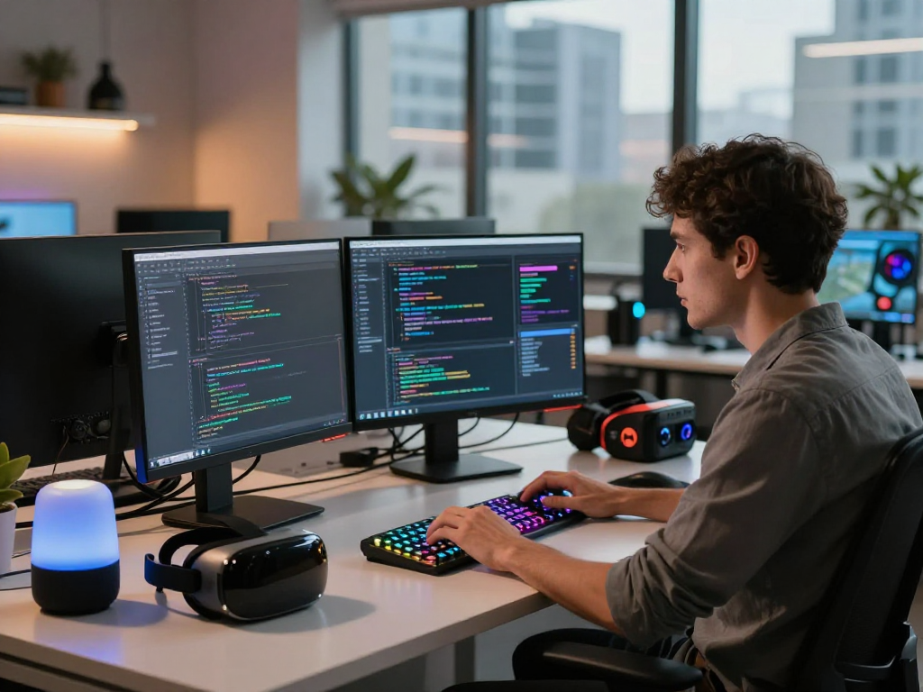 Creative workspace showcasing nsfw ai tools with a software developer coding amidst AI analysis screens, enhancing tech professionalism.