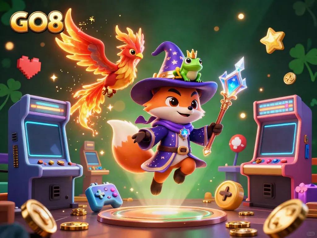 Engage with GO8's vibrant casino world through a magical 3D illustration showcasing dynamic characters and game elements.