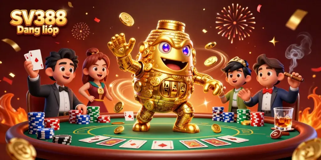 Experience thrilling gambling at SV388 Đăng nhập with cartoon style characters playing poker amidst gold coins and vibrant decorations.