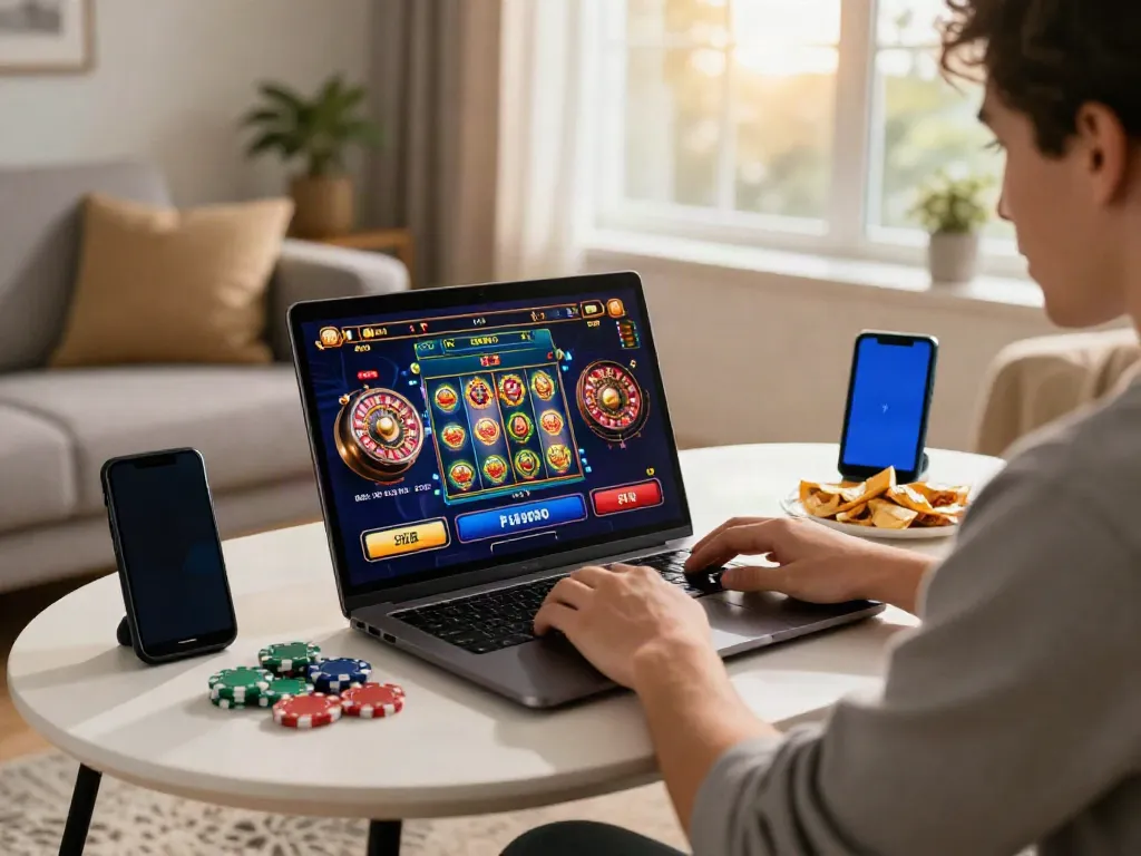 Engaging scene of a player at a non gamstop online casino with vibrant graphics and cozy ambiance.