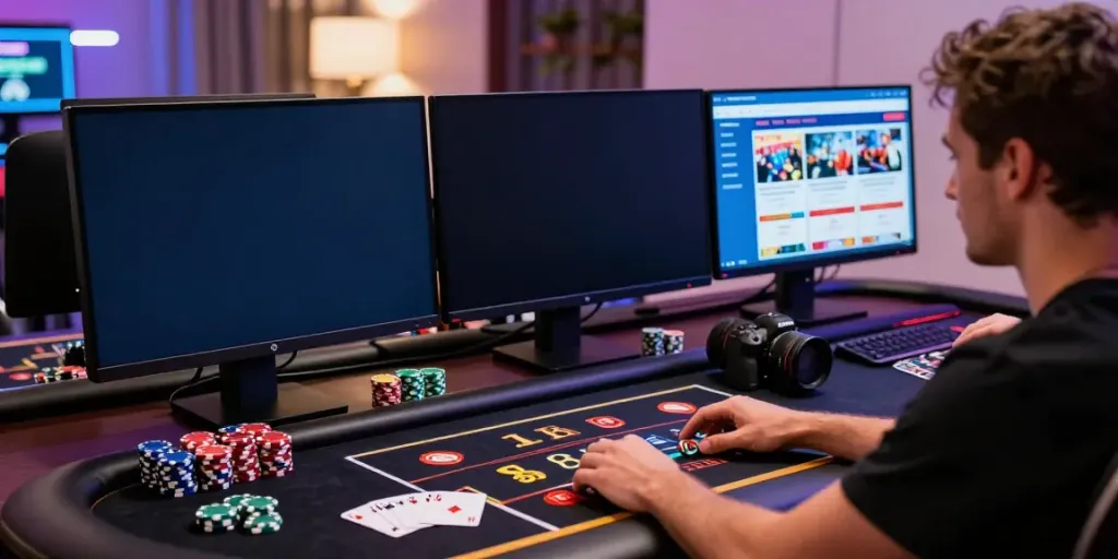Dynamic scene of a player enjoying non Gamstop online casino games surrounded by poker chips and cards.