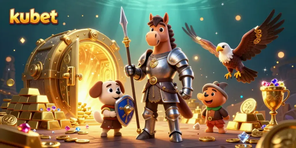 Bettors explore riches with kubet in a vibrant medieval casino setting filled with treasures.