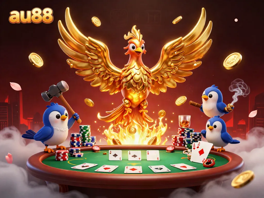Immerse in the golden gaming realm of au88 with the majestic phoenix and poker elements.