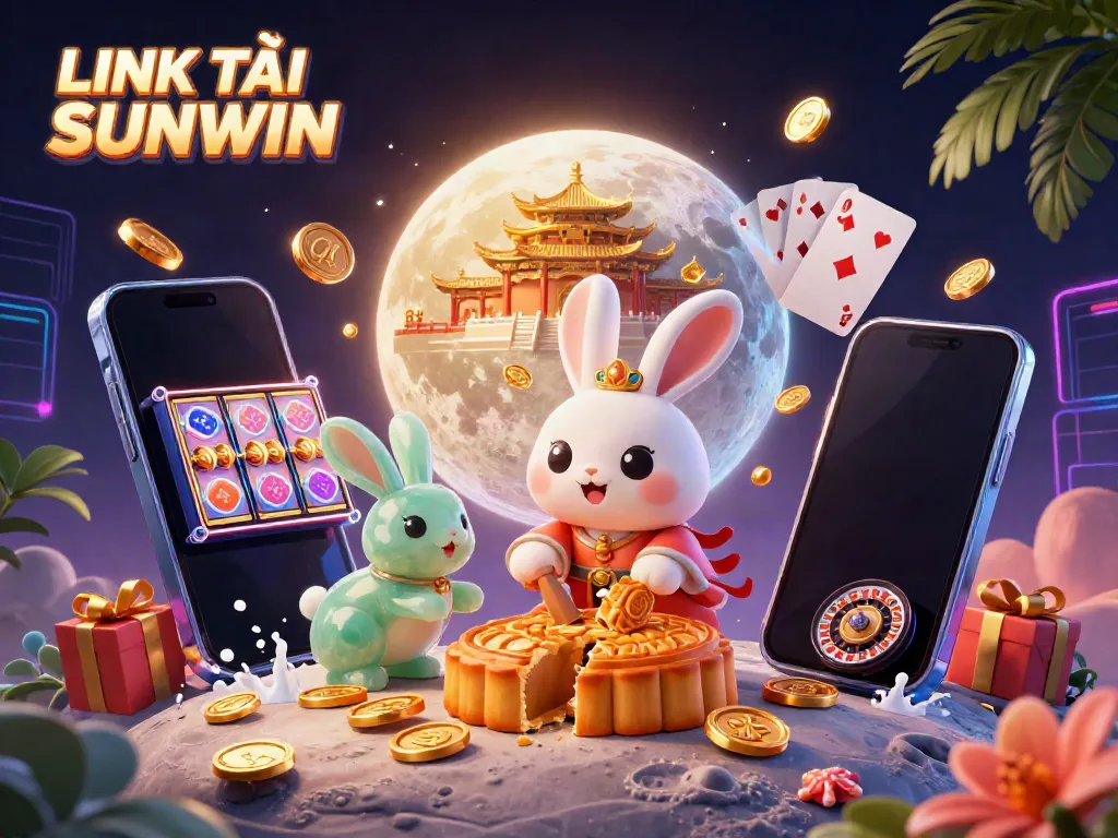 Engage with LINK TẢI SUNWIN by enjoying a thrilling slot experience illustrated in a vibrant 3D scene.