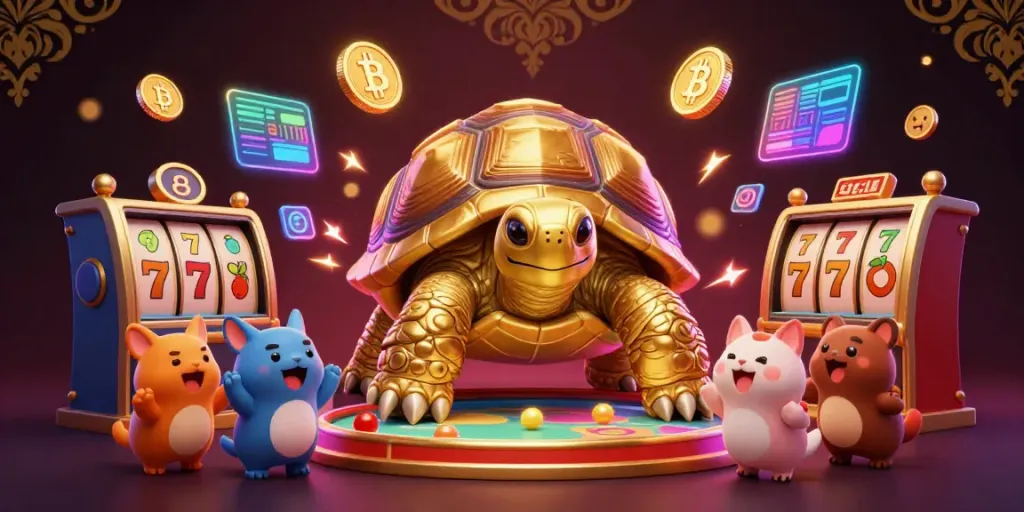 Experience thrills at 88 vv casino with an innovative pinball machine tortoise surrounded by vibrant gaming elements.