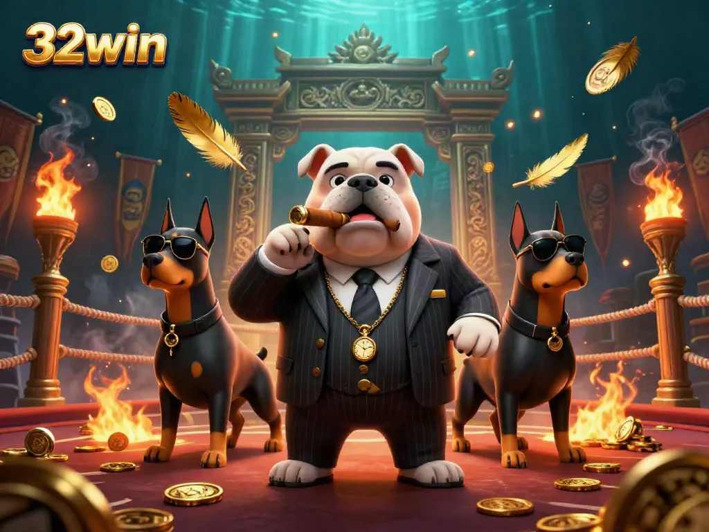 Engage in thrilling casino fun with 32win's cartoon mafia boss and his bodyguards amidst gold and excitement.