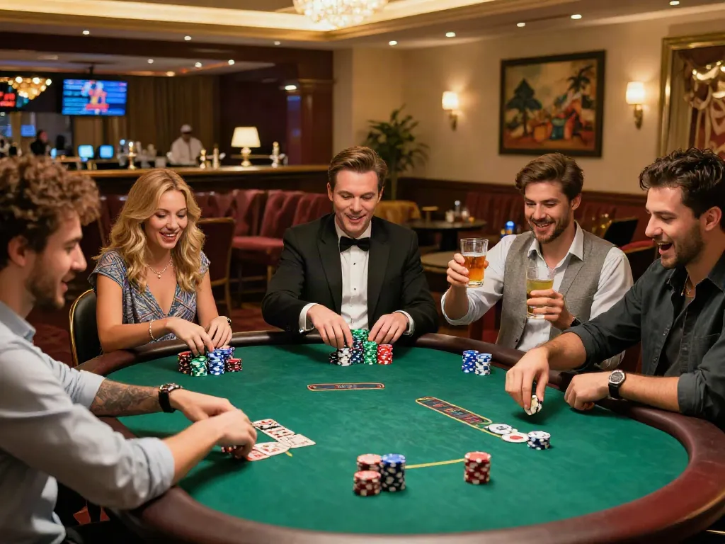 Exciting casino scene highlighting non gamstop gaming with friends at poker table.