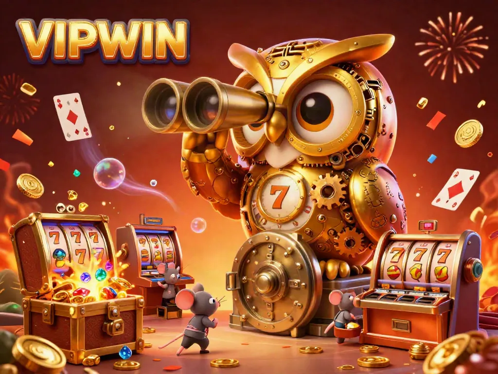 Experience excitement at VIPWIN with a clockwork owl on a casino floor, surrounded by lively games and celebrations.