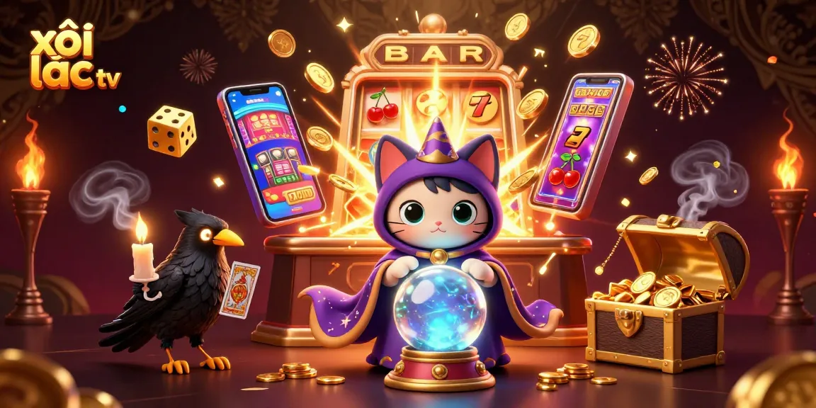 Xôi lạc tv showcases an enchanting 3D scene with a mystical cat, a raven, and casino elements.