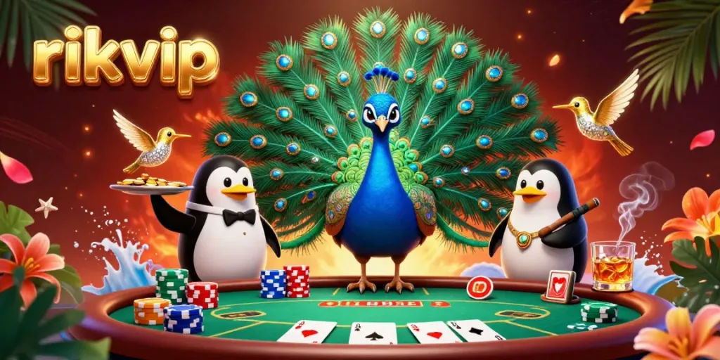 Engage with rikvip's thrilling casino atmosphere featuring dynamic poker action and vibrant characters.