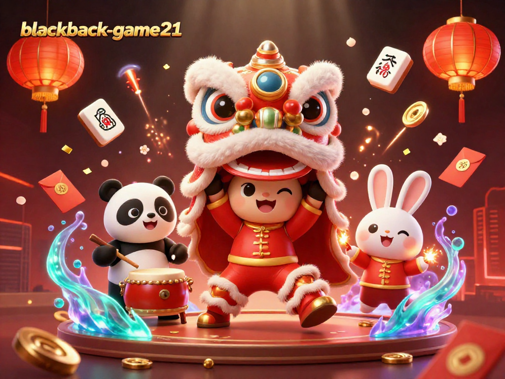 Engage in blackjack-game21 with exciting characters amid vibrant casino-themed elements.