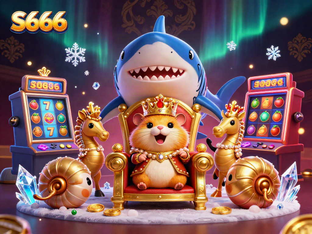Experience thrilling slots at S666 with a cartoon king amidst vibrant gaming action.