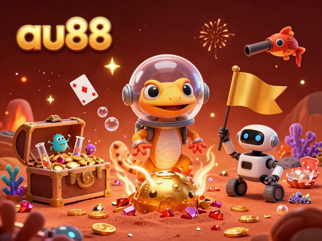 Experience thrilling gambling adventures at au88 with a Martian gecko exploring a golden casino.