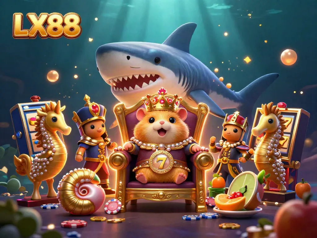 LX88 platform showcasing a golden hamster king on a megalodon throne surrounded by slot machines and casino elements.