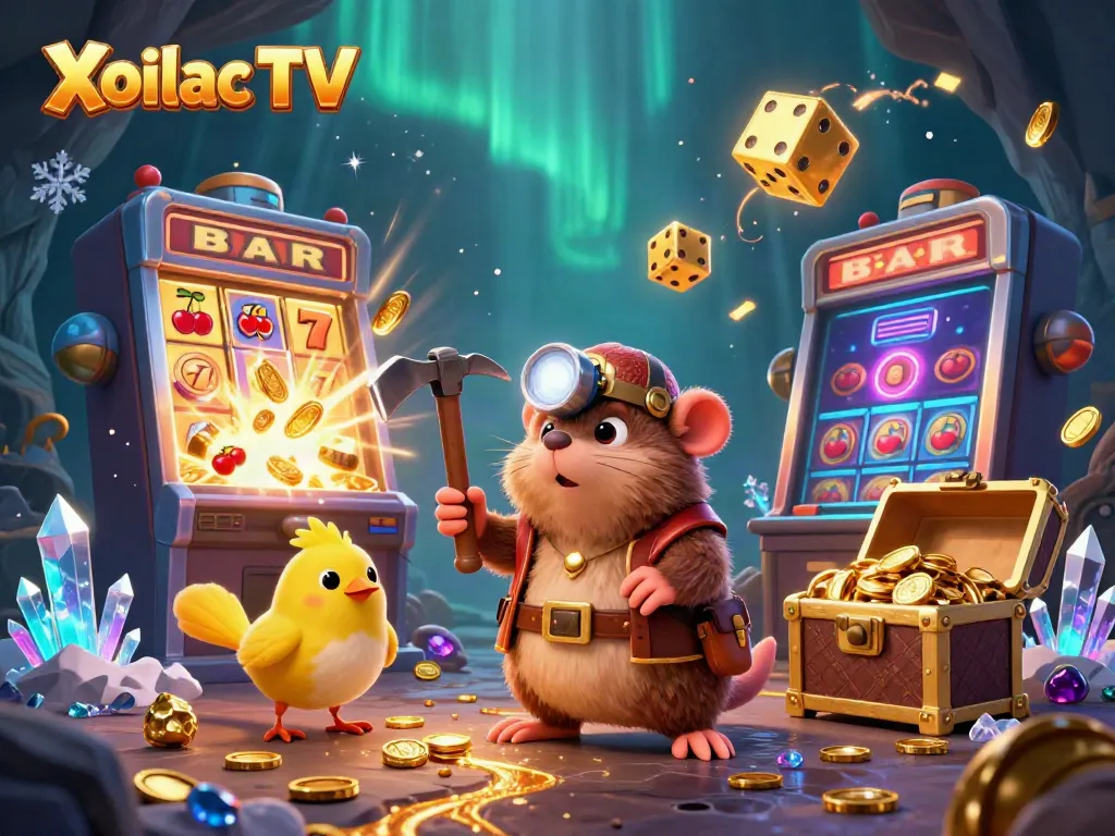 Experience thrilling gambling adventures with Xoilac TV, featuring exciting casino elements and dynamic cartoon characters.