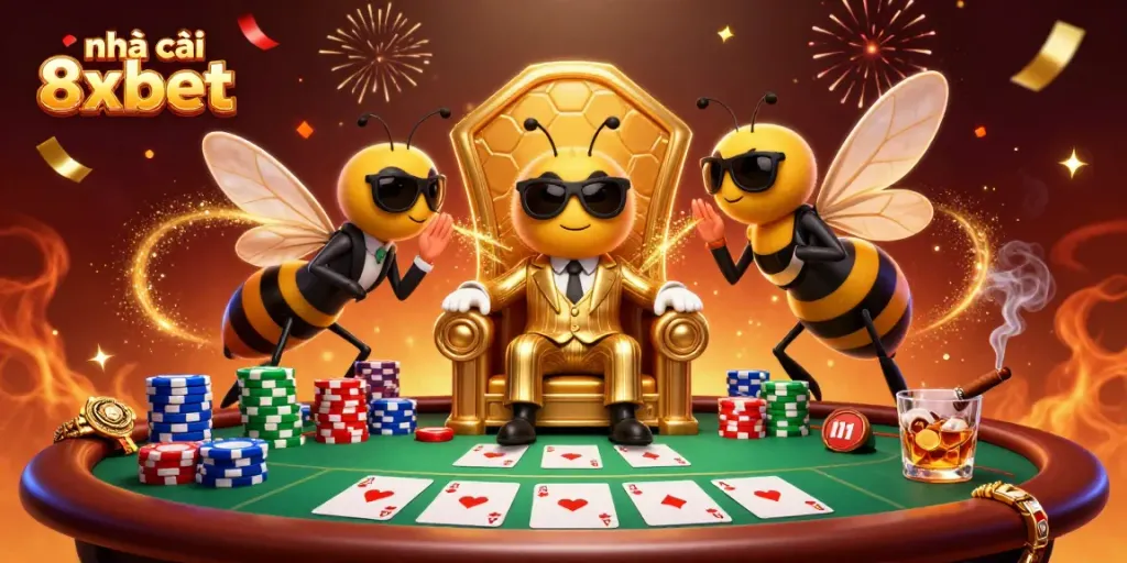 Engage with nhà cái 8xbet’s thrilling casino scene featuring a bumblebee mob boss and poker excitement.