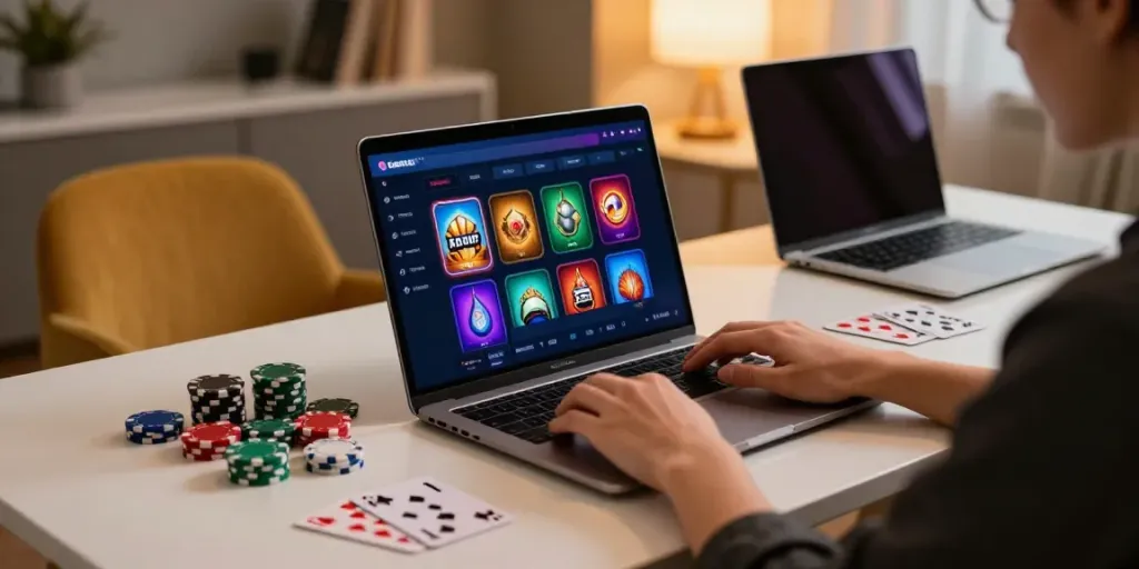 Engaging scene with non GamStop casino options displayed on a laptop.