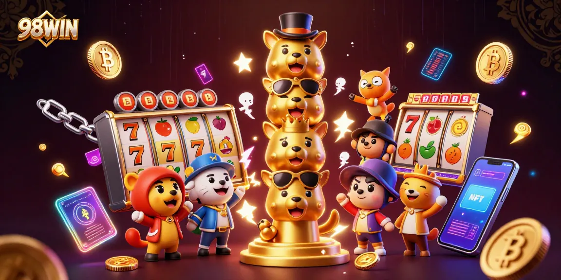 Engage with 98WIN's exciting slot games in a vibrant, dynamic casino illustration.