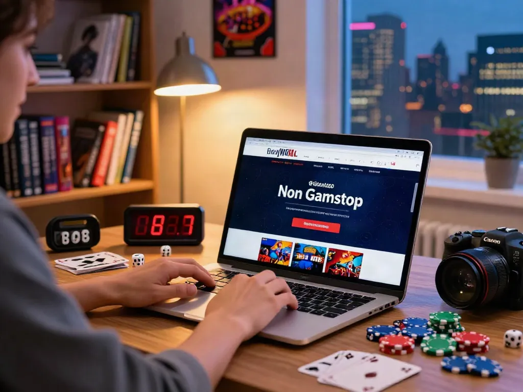 Individual exploring non Gamstop casinos on a laptop at home, surrounded by gaming items.