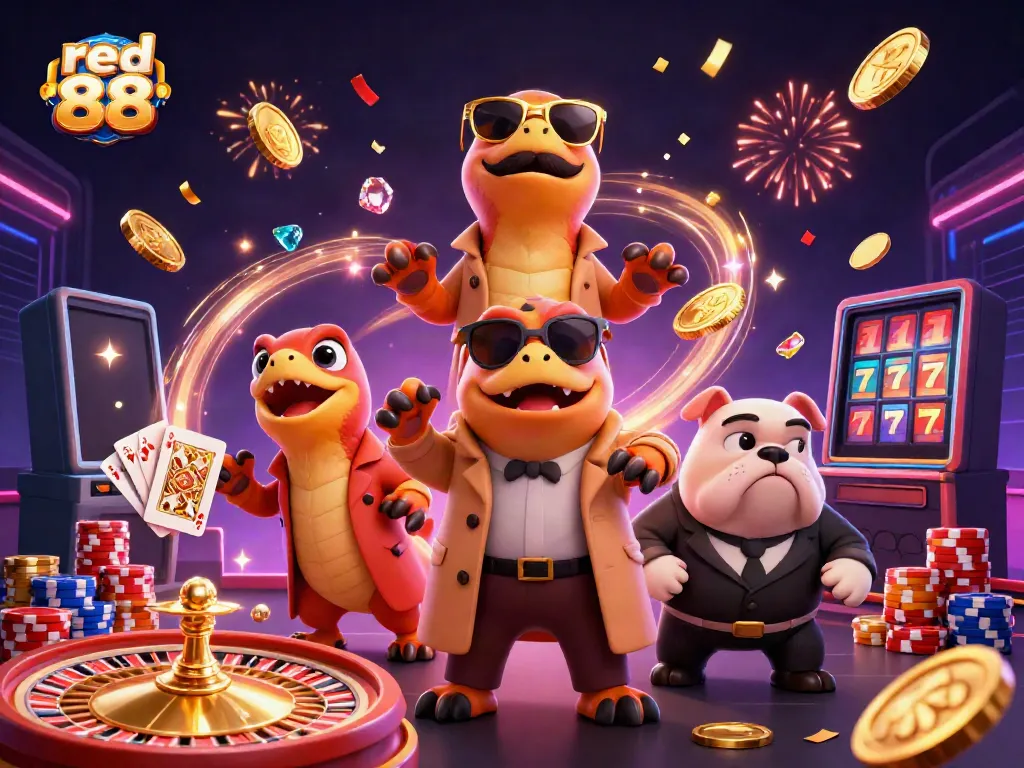 Experience the thrill of red 88 with playful raptors attempting VIP access at a lively casino.
