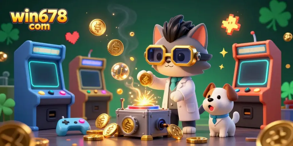 Experience excitement at win678 com with a mad scientist cat and lab assistant creating gold coins in a vibrant casino setting.