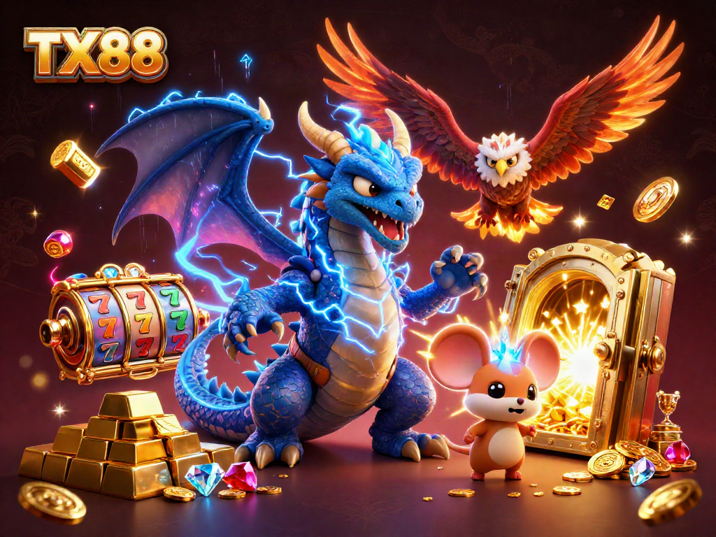 Join the excitement at TX88 casino with vibrant slot reels and treasures in a dynamic scene.