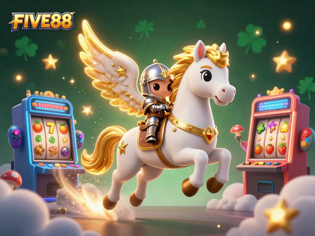 Experience the excitement of FIVE88 with a celestial horse and vibrant slot machines, capturing gaming magic.