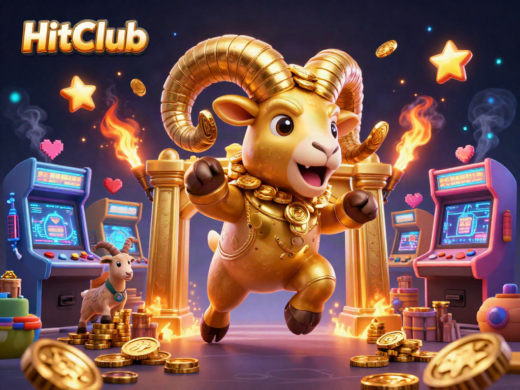 Engage with HitClub's vibrant gaming landscape featuring a spirited golden ram charging through a casino.
