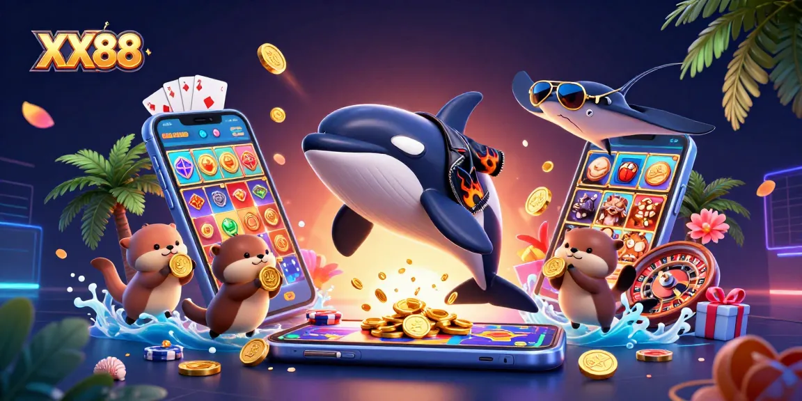 Experience thrilling gaming with XX88 as cartoon characters celebrate winning on vibrant slot games.