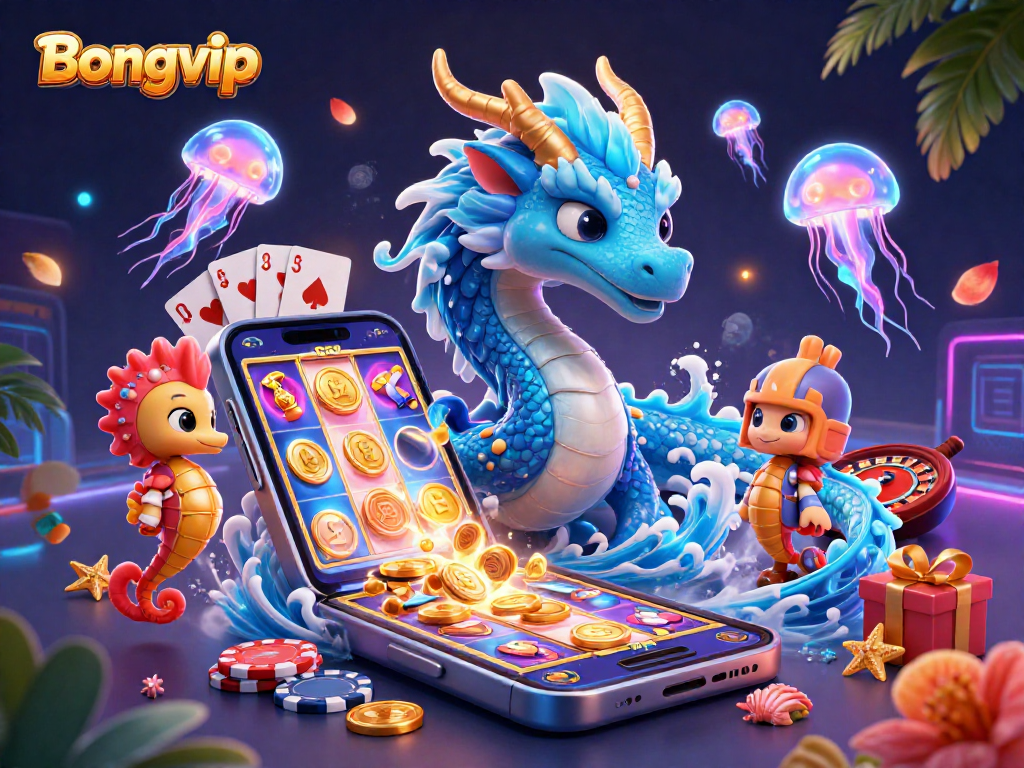 Bongvip players spin colorful slot games as a 3D ocean-inspired dragon entertains, surrounded by vibrant gaming elements.