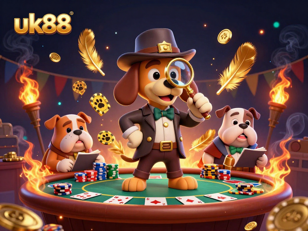 Engage with uk88's vibrant poker scene featuring a cartoon detective examining clues and betting tokens.