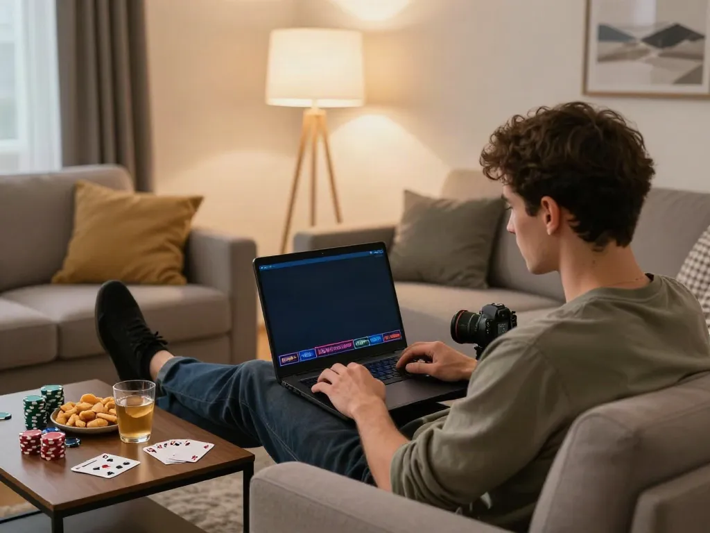 Player enjoying a non Gamstop online casino experience at home, relaxed and engaged.