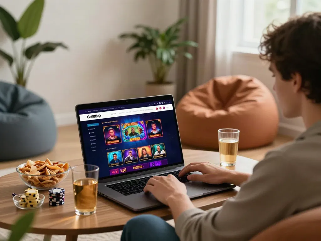 Player enjoying a non Gamstop casino game in a cozy setting with snacks.