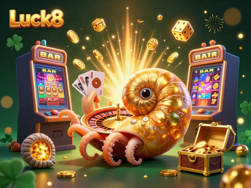 Experience the excitement at Luck8, featuring a giant nautilus roulette wheel and vibrant casino elements.