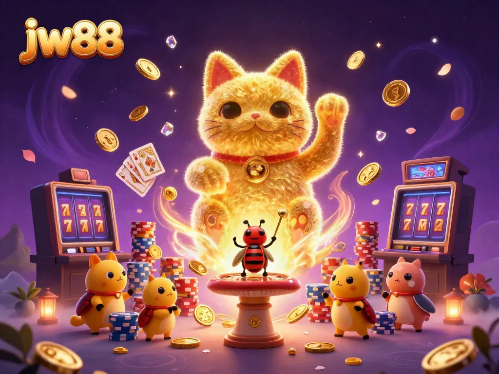 Score big at jw88 with a lucky cat and vibrant casino games in this dynamic illustration.