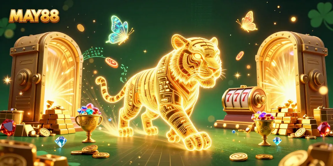 MAY88 showcases a captivating 3D casino scene filled with neon elements and golden treasures.