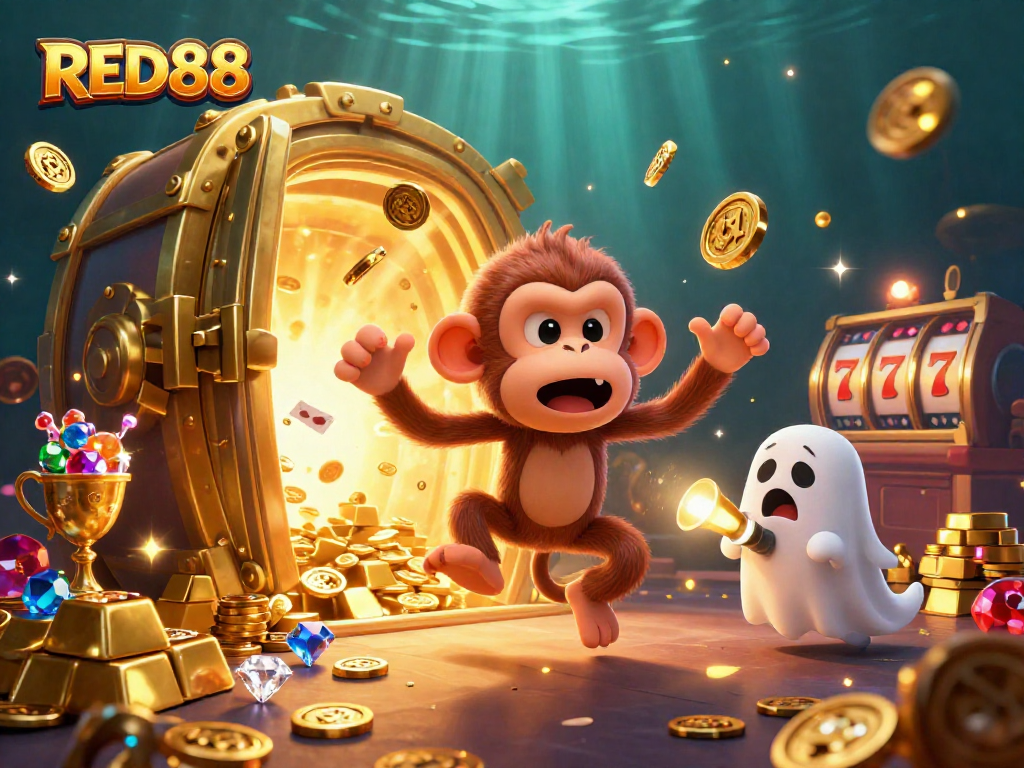 Engage with RED88's thrilling casino scene featuring a playful poltergeist monkey and its golden treasures.