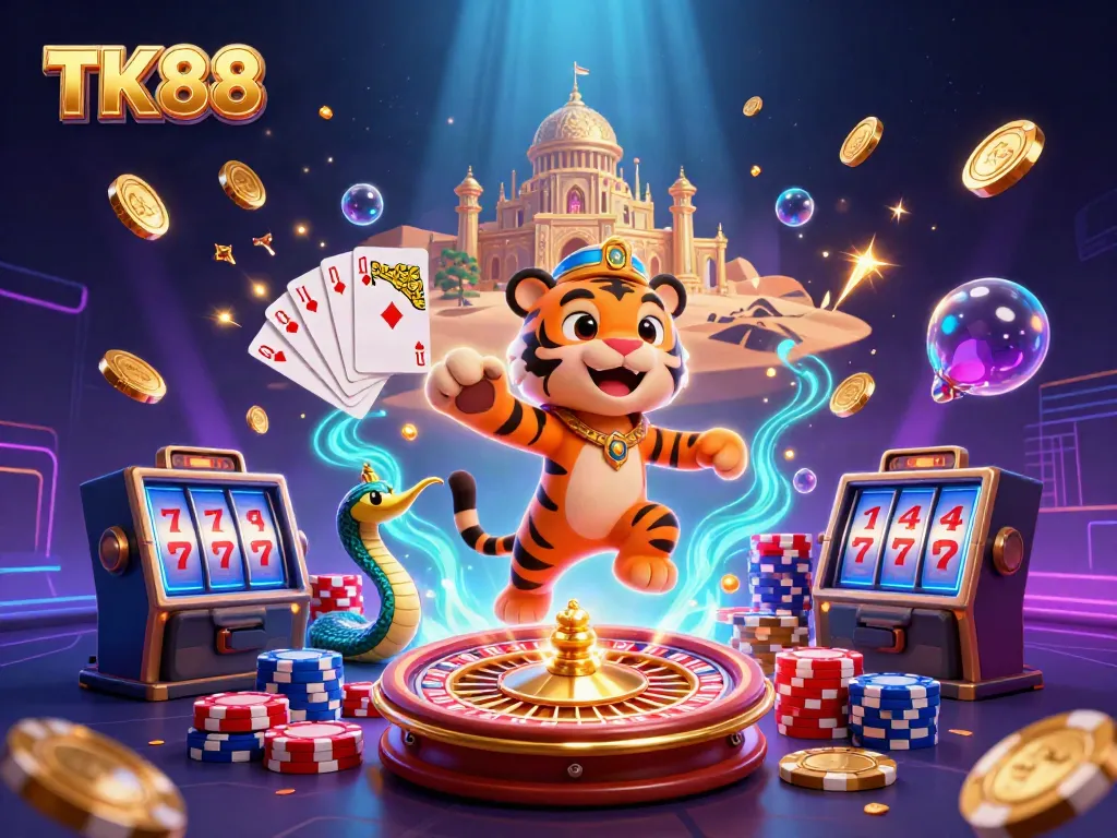 Experience the thrill of TK88 with a vibrant 3D casino scene featuring dynamic gaming elements.