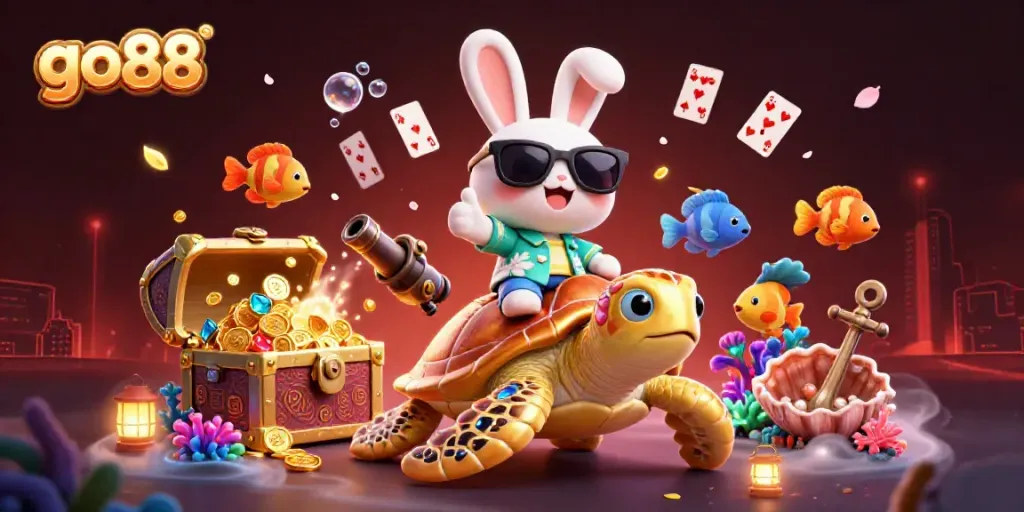 Engage with go88's vibrant casino world, featuring a rabbit and turtle in an underwater treasure scene.