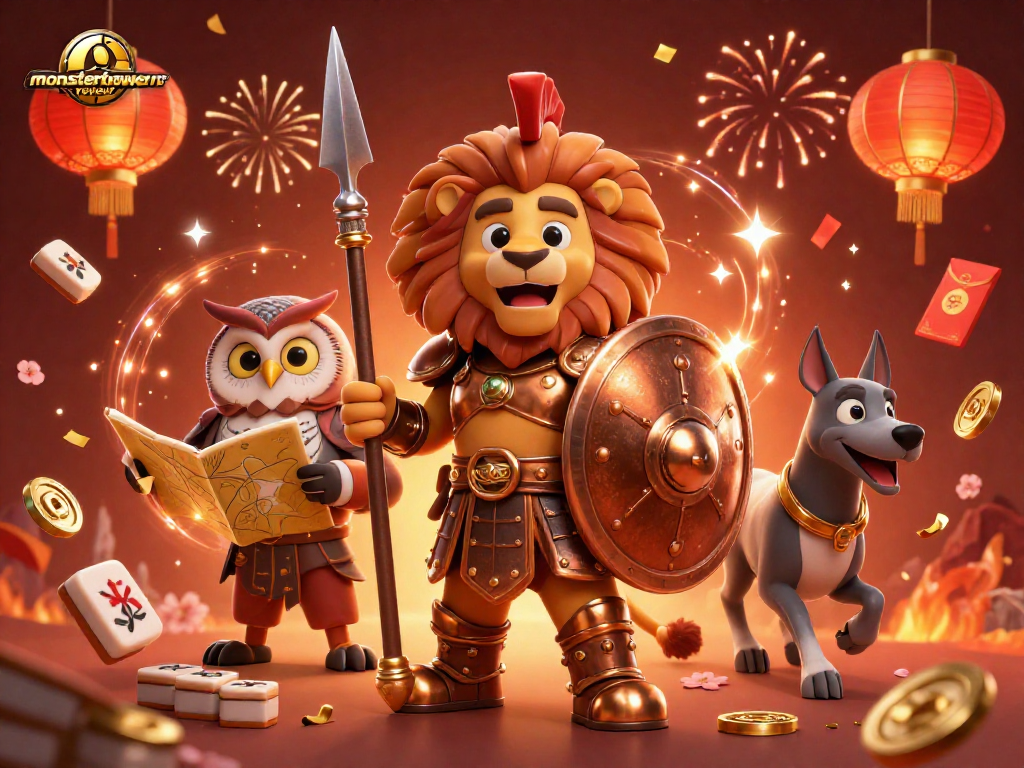 Engage in thrilling strategy with monstertowerreview as the Spartan lion leads a dynamic battle scene filled with luck and excitement.