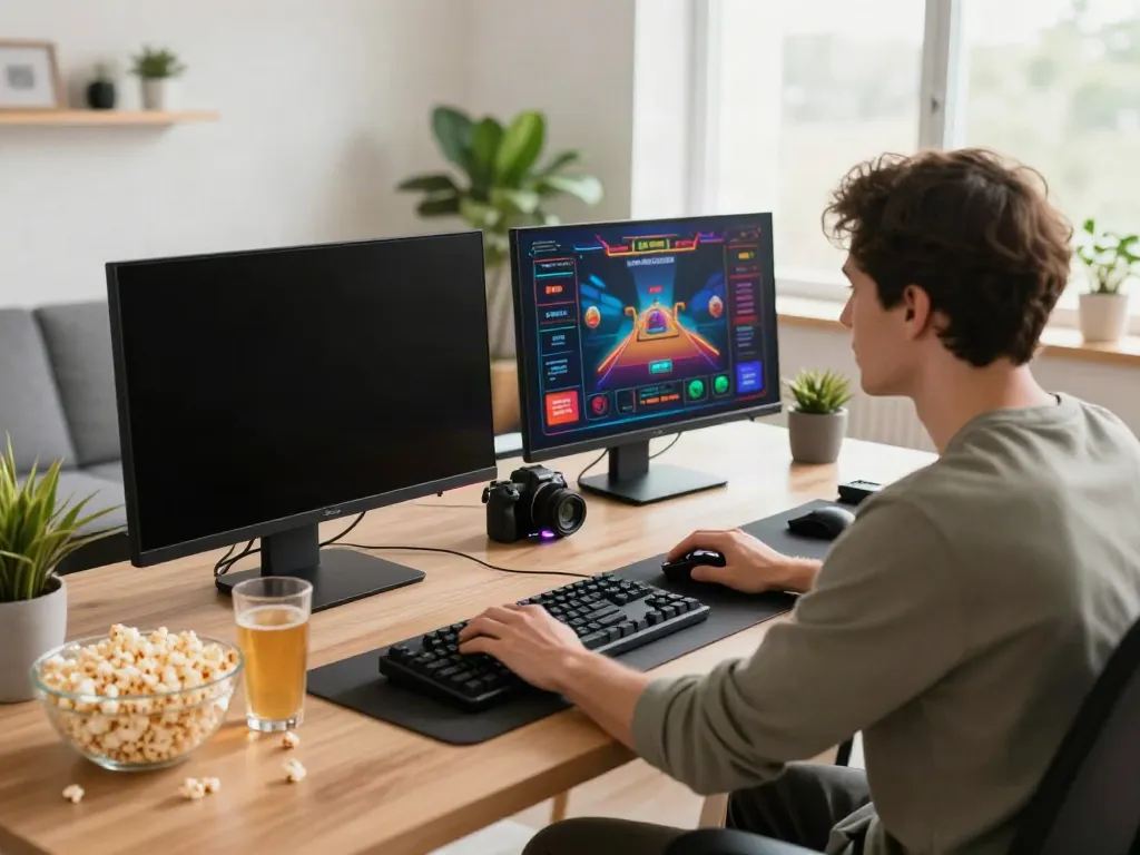 Immersive non gamstop online casino gaming setup in a modern home office.