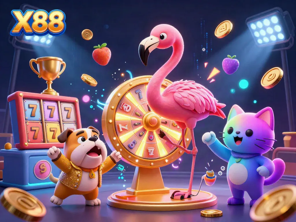X88 Casino scene with a flamingo host and bulldog contestant spinning a prize wheel.